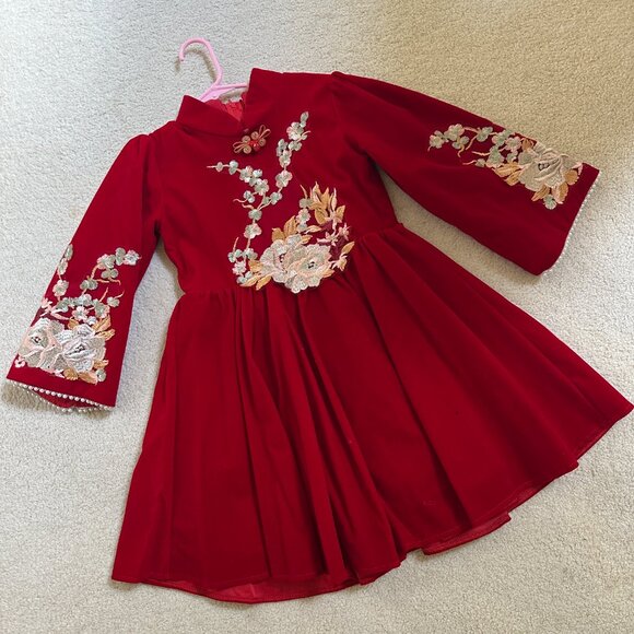 Red Velvet Cheongsam Style Dress-Kids Embroidered Outfit with Pearl Trim&Frog 7T - Picture 1 of 6